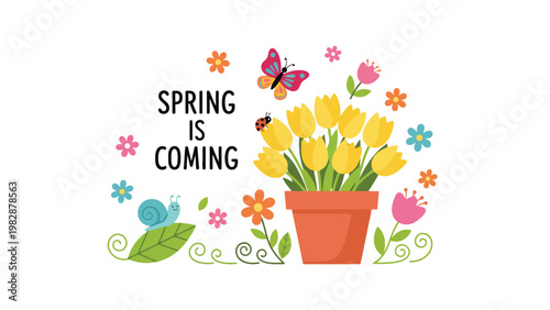 Flower illustration of tulips in pot with butterflies and text
