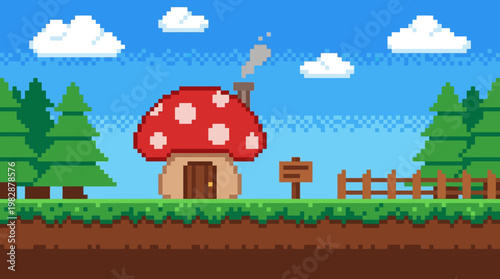 Pixel art mushroom house landscape scene.