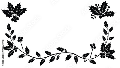 Holly leaf border silhouette illustration with berries and vines on white