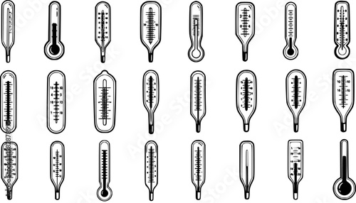 Black and White Line Art Collection of Various Thermometers for Medical and Scientific Use