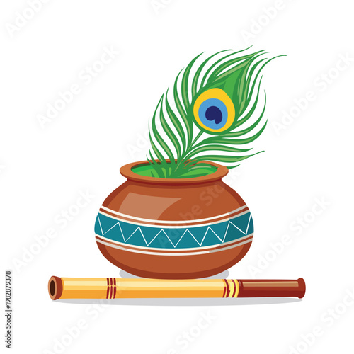 Decorated pot with peacock feather and flute on white background