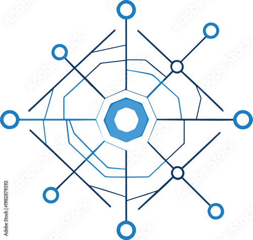 Geometric digital network illustration with connected nodes and polygon structure representing data flow, technology system, and futuristic innovation concept