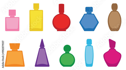Colorful perfume bottles in various shapes.