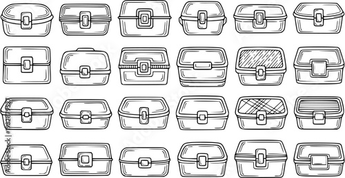 Hand Drawn Black and White Line Art Set of Various Food Storage Containers and Lunch Boxes, Ideal for Kitchen, Picnic, and Household Organization.