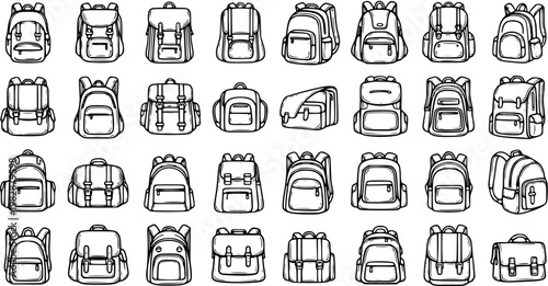 Black and White Line Art Collection of Diverse Backpack Styles for Travel and School