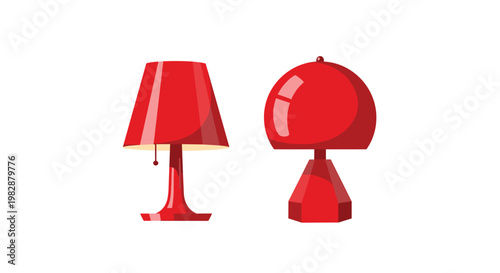 Two vibrant red table lamps featuring unique conical and rounded dome shades stand side by side against a pristine and stark white background for display.