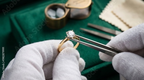Jeweler wearing white cotton gloves holding a gold diamond ring with metal tweezers over a green velvet display box with a magnifying loupe and cleaning cloth nearby