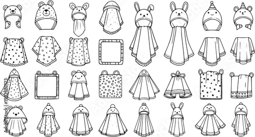 Black  White Line Art Collection of Cute Baby Hooded Animal Bath Towels. Outline Doodle Set for Children's Hygiene, Nursery, and Textile Design.