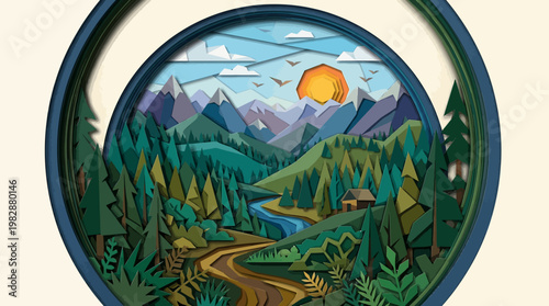A multilayered paper craft artistic landscape display showing vibrant pine trees, rolling hills, jagged mountains, and a peaceful flowing river