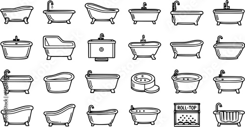 Black and White Line Art Icons of Various Bathtubs and Bathroom Fixtures, Isolated on White