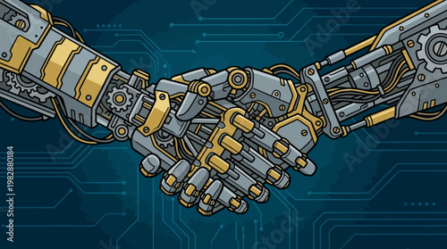 Two detailed mechanical robotic hands perform a firm handshake to demonstrate cooperation and advanced technology integration between futuristic machine systems