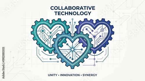 Three heart shaped gear icons feature intricate circuit board patterns representing collaborative technology concepts of unity, innovation, and digital synergy growth.