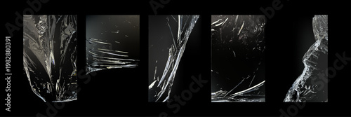Abstract set of torn plastic fragments, shredded cellophane pieces and sharp glass-like textures on black for creative collage design