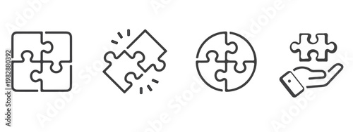 Creative puzzle icon collection featuring connected pieces, problem solving, integration, teamwork, support hand, and solution symbols. Great for business strategy, teamwork concepts, consulting, cust