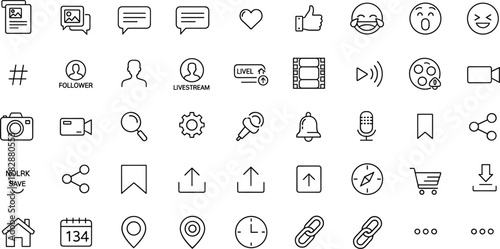 Minimal emoji reaction and social media interface line icon set featuring emotions, user interaction, communication, and digital symbols