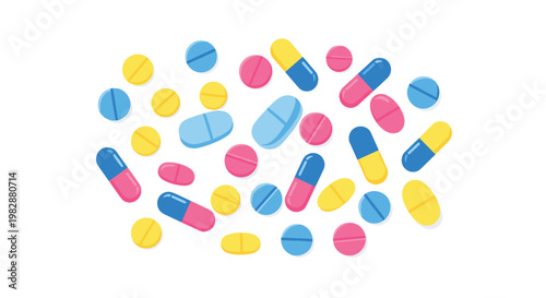 A diverse assortment of colorful pharmaceutical pills and capsules in vibrant blue pink and yellow hues lies scattered across a bright white surface.