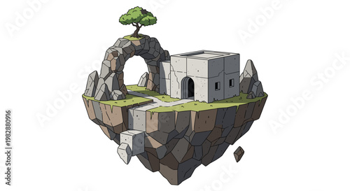 A mystical floating island composed of jagged grey rocks features a simple stone building and a solitary green tree under bright clear daylight skies.