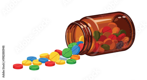 A translucent brown glass medicine bottle lies tipped over with a variety of colorful round pills spilling out across a clean white flat surface area.