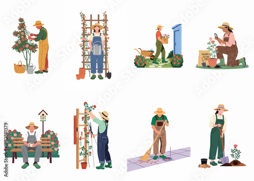 Collection of diverse people gardening, planting flowers, and maintaining rose bushes, depicted in a clean flat vector illustration style.