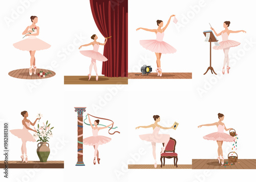 Vector illustration set featuring a graceful ballerina in a pink tutu performing various scenes on a theater stage, including dancing and rehearsals.