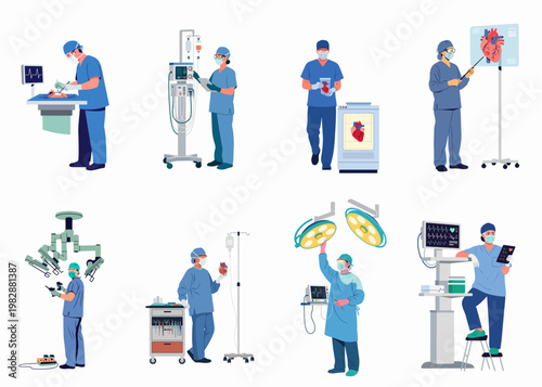 Flat vector illustration set of medical professionals performing heart surgery, organ transplant procedures, and using advanced technology in a modern operating room.
