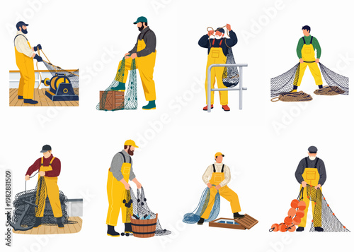 Collection of fishermen characters in yellow waterproof gear working with nets and fish, set of various nautical profession illustrations isolated on white.