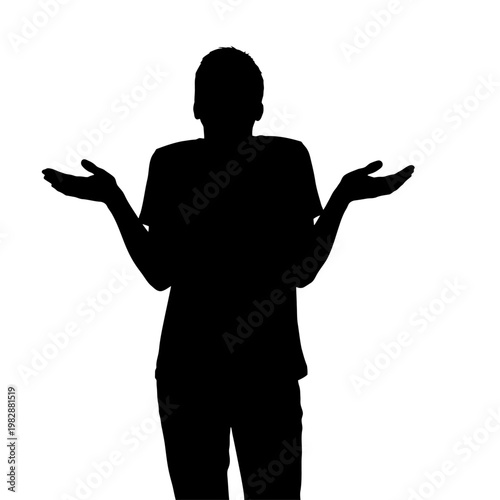 Silhouette of confused person, puzzled human figure, black silhouette, gesture of uncertainty, isolated on white