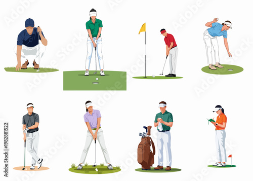 Collection of diverse golfers in various poses, including putting and aiming, depicted in a flat vector style on a white background.