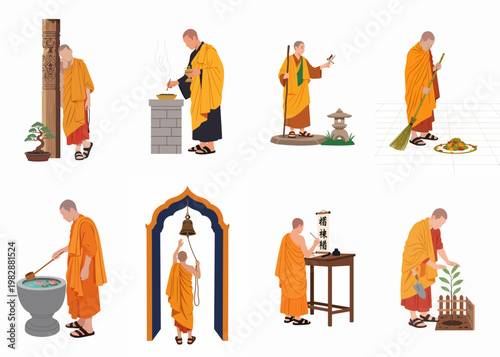Collection of flat vector illustrations depicting Buddhist monks in traditional saffron robes performing various daily temple activities and spiritual practices.
