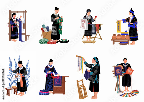Flat illustration set of traditional Hmong women practicing various textile arts including weaving, embroidery, and dyeing, isolated on a white background.