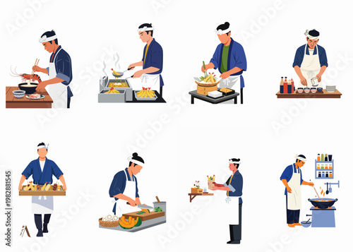 Set of illustrations showing Japanese chefs preparing, cooking, and serving traditional tempura and street food in a professional kitchen setting.
