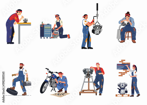 Collection of male and female professional auto mechanics in overalls repairing engines and motorcycles, flat vector illustration isolated on a white background.