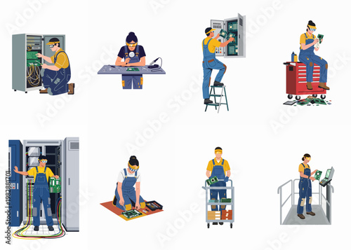 Set of diverse professional technicians and engineers working on electronic hardware, server maintenance, and circuit board assembly in flat industrial illustration style.