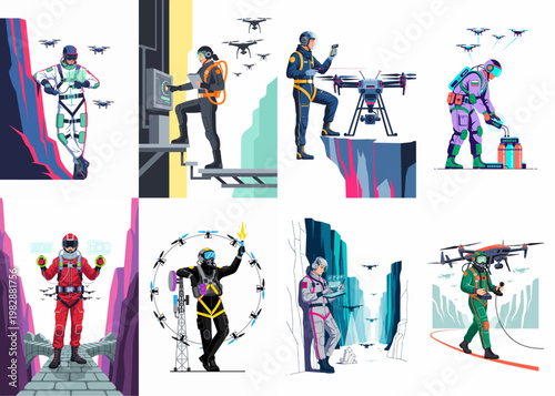 Collection of futuristic illustrations featuring operators in specialized suits controlling and maintaining advanced drone technology across various high-tech and rugged landscapes.