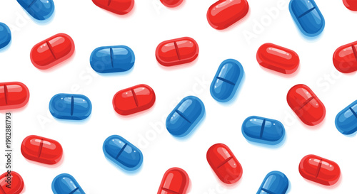 Numerous red and blue pharmaceutical capsules are arranged in a dense diagonal pattern with soft shadows on a bright white background for medical use.