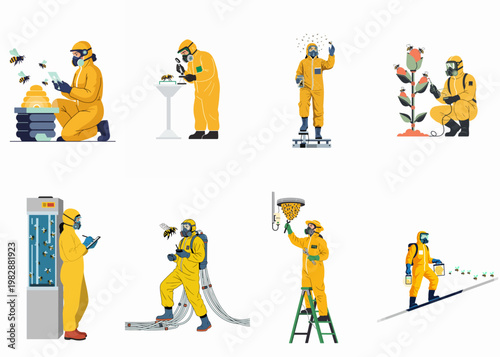 Set of futuristic scientists in yellow protective hazmat suits conducting research and working with robotic bees in various high-tech and industrial environments.