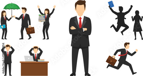 Business people vector illustration showing corporate success stress teamwork motivation office professionals men and women different situations isolated collection set