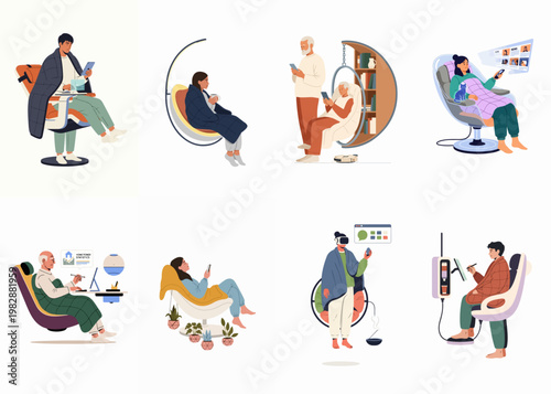 Flat Vector Illustration Set of People Enjoying Cozy Smart Home Technology and Modern Gadgets While Relaxing Under Blankets at Home