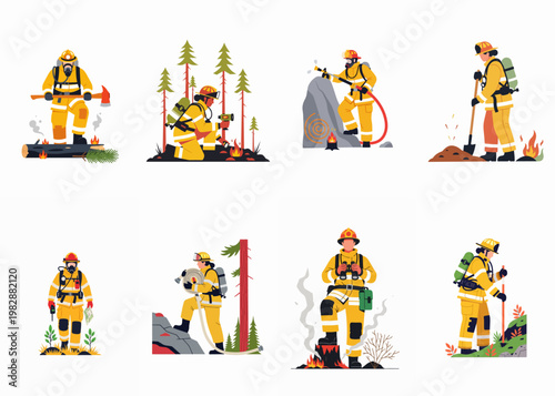 Comprehensive collection of wildland firefighters in yellow protective gear performing various duties like extinguishing forest fires, using axes, hoses, and monitoring terrain.