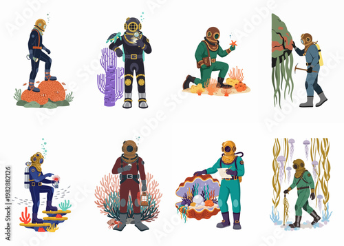 Collection of vintage underwater explorers in deep sea diving suits researching marine life, corals, and shells on a white background.