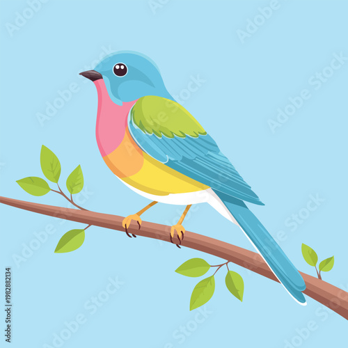 Colorful bird perched on branch illustration against a light blue backdrop
