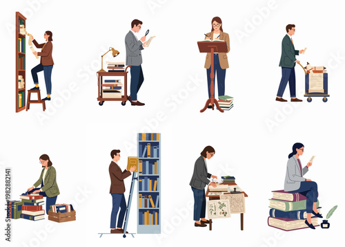 Illustrations of professional archivists, librarians, and historians working with vintage books, scrolls, and historical documents in a library or archival setting.