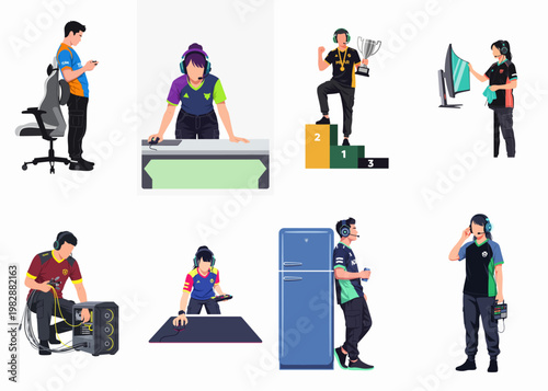 Collection of professional esports players and staff engaged in various activities like gaming, winning, technical setup, and maintenance.