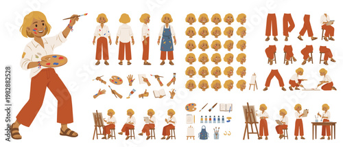 Female Artist Painter Character Constructor Kit Vector – Creative Woman with Multiple Poses Expressions Painting Tools and Studio Accessories