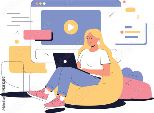 A young woman relaxes on a bean bag chair while using her laptop computer.