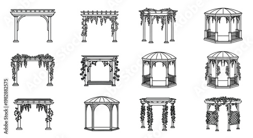 Collection of garden structures pergolas gazebos and arbors illustrated