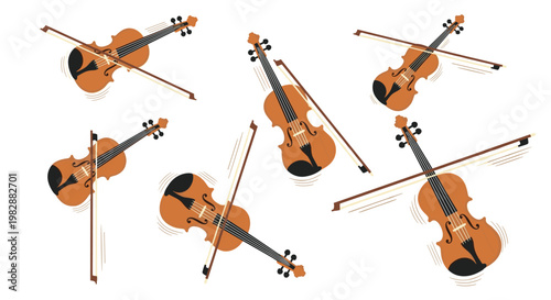 Multiple classical wooden violins with elegant bows are positioned dynamically across a white space featuring subtle motion lines to suggest a rhythmic musical performance.