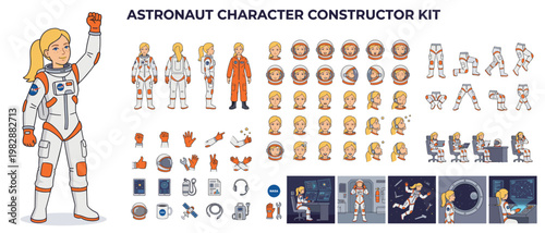 Astronaut Character Constructor Kit Vector – Female Space Character with Multiple Poses Expressions Accessories and Scene Backgrounds