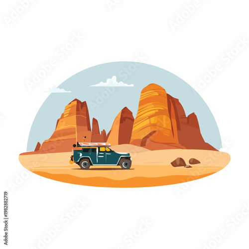 Desert landscape illustration adventure vehicle and red rock formations