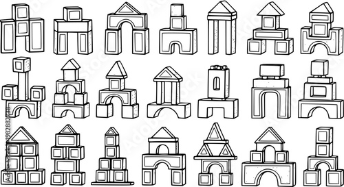 Building Blocks Structures Line Art Set. Hand-Drawn Black and White Outline Illustrations of Toy Constructions for Childhood Education and Play.